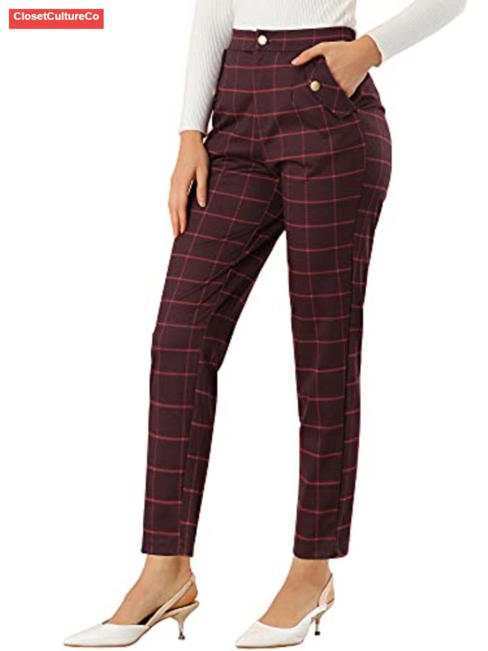 Vintage Tartan Plaid Pants Elastic Waist Straight Long Trousers
